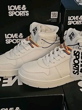 Love & Sports White High-Top Sneakers with Rainbow Lace Accent
